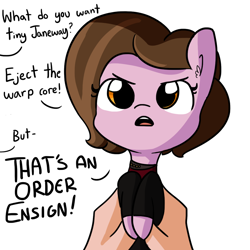 Size: 1080x1080 | Tagged: safe, artist:tjpones, pony, dialogue, holding a pony, kathryn janeway, offscreen character, ponified, simple background, solo, star trek, star trek: voyager, this will not end well, tiny ponies, what do you want, white background