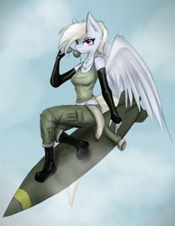 Size: 830x1072 | Tagged: safe, artist:ninjapony, oc, oc only, oc:cirrus skybreaker, anthro, pegasus, anthro oc, boots, clothes, falling, fingerless gloves, gloves, military uniform, missile, sitting, sky, sunglasses, tanktop