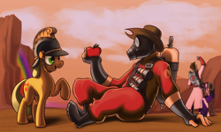 Size: 3000x1800 | Tagged: safe, artist:dimfann, applejack, rarity, earth pony, pony, unicorn, apple, crossover, food, hat, helmet, medic, pyro, team fortress 2