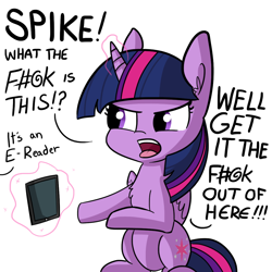 Size: 1080x1080 | Tagged: safe, artist:tjpones, twilight sparkle, twilight sparkle (alicorn), alicorn, pony, angry, censored vulgarity, cute, dialogue, e-reader, exploitable meme, get it the f#@k out of here, grawlixes, implied spike, magic, meme, meme origin, offscreen character, open mouth, simple background, sitting, solo, twiabetes, vulgar, white background