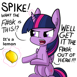 Size: 1080x1080 | Tagged: safe, artist:tjpones, edit, editor:mrdoctorderpy, twilight sparkle, twilight sparkle (alicorn), alicorn, pony, angry, cave johnson, censored vulgarity, cute, dialogue, exploitable meme, food, get it the f#@k out of here, grawlixes, implied spike, lemon, magic, meme, offscreen character, open mouth, portal (valve), portal 2, simple background, sitting, solo, twiabetes, vulgar, white background