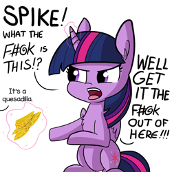 Size: 1080x1080 | Tagged: safe, artist:tjpones, edit, twilight sparkle, twilight sparkle (alicorn), alicorn, pony, angry, censored vulgarity, cute, dialogue, exploitable meme, food, get it the f#@k out of here, grawlixes, implied spike, magic, meme, offscreen character, open mouth, quesadilla, simple background, sitting, solo, they're just so cheesy, twiabetes, vulgar, white background
