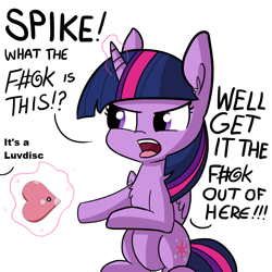 Size: 1080x1080 | Tagged: safe, artist:tjpones, edit, twilight sparkle, twilight sparkle (alicorn), alicorn, pony, angry, censored vulgarity, cute, dialogue, exploitable meme, get it the f#@k out of here, grawlixes, implied spike, luvdisc, magic, meme, offscreen character, open mouth, pokémon, simple background, sitting, solo, twiabetes, vulgar, white background