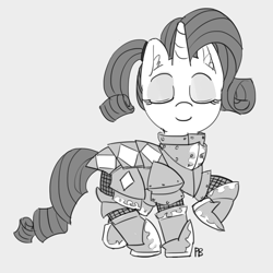 Size: 1280x1282 | Tagged: safe, artist:pabbley, rarity, pony, unicorn, armor, eyes closed, fantasy class, gray background, grayscale, knight, monochrome, raised hoof, simple background, solo, warrior