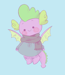 Size: 638x729 | Tagged: safe, artist:typhwosion, derpibooru import, spike, dragon, blue background, clothes, cute, dot eyes, male, scarf, simple background, solo, spikabetes, sweater, winged spike