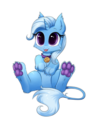 Size: 2196x2713 | Tagged: safe, artist:confetticakez, derpibooru import, trixie, cat, hybrid, pony, sphinx, unicorn, collar, cute, diatrixes, female, fluffy, high res, looking at you, paw pads, paws, pet tag, simple background, sitting, solo, species swap, sphinxified, toe beans, tongue out, underpaw, white background