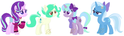 Size: 1384x410 | Tagged: safe, artist:g0ldentoothpick, derpibooru import, starlight glimmer, trixie, oc, oc:ember sparks, oc:satellite nebula, pony, base used, family, female, half-siblings, lesbian, magical lesbian spawn, offspring, parent:starlight glimmer, parent:sunburst, parent:trixie, parents:starburst, parents:startrix, shipping, startrix, step-parent and step-child