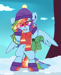 Size: 2200x2700 | Tagged: safe, artist:etoz, derpibooru import, rainbow dash, tank, pegasus, pony, tortoise, bipedal, clothes, cute, dashabetes, eye clipping through hair, hat, high res, open mouth, scarf, snow, solo, wingding eyes, wings, winter, winter outfit