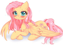 Size: 1200x876 | Tagged: safe, artist:perlshow, derpibooru import, fluttershy, pegasus, pony, blushing, chest fluff, crossed hooves, cute, female, looking at you, mare, prone, shyabetes, simple background, solo, spread wings, three quarter view, white background, wings