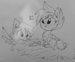 Size: 1274x1056 | Tagged: safe, artist:tjpones, oc, oc only, bird pone, pegasus, pony, behaving like a bird, birb, black and white, egg, family, grayscale, monochrome, nest, sitting