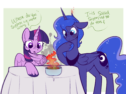 Size: 800x597 | Tagged: safe, artist:lulubell, derpibooru import, princess luna, twilight sparkle, twilight sparkle (alicorn), alicorn, pony, bowl, burning, cooking, epic fail, fail, female, fire, food, lesbian, looking at something, mare, salad, shipping, smoke, soot, table, tablecloth, twiluna, unshorn fetlocks, xk-class end-of-the-kitchen scenario