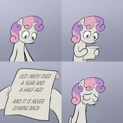 Size: 2000x2000 | Tagged: safe, sweetie belle, pony, unicorn, /mlp/, bipedal, exploitable meme, female, filly, gradient background, hoof hold, horn, letter, meme, paper, solo, sweetie's note meme, two toned hair, white coat