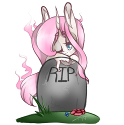 Size: 1070x1080 | Tagged: safe, artist:kaywhitt, derpibooru import, oc, oc only, oc:tarot, classical unicorn, ghost, ghost pony, pony, unicorn, big ears, cloven hooves, cute, dead, female, floppy ears, flower, grass, grave, gravestone, graveyard, horn, leonine tail, mare, melancholy, one eye closed, rest in peace, simple background, solo, transparent background, unshorn fetlocks