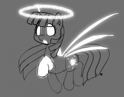 Size: 1280x1004 | Tagged: safe, artist:pabbley, twilight sparkle, twilight sparkle (alicorn), alicorn, pony, 30 minute art challenge, eva-01, glow, glowing eyes, gray background, grayscale, halo, monochrome, neon genesis evangelion, open mouth, simple background, sketch, solo