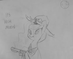 Size: 1280x1041 | Tagged: safe, artist:tjpones, princess luna, alicorn, pony, :t, blurry, cowboy hat, crossover, frown, glare, grayscale, gun, handgun, hat, hoof hold, it's high noon, jesse mccree, lineart, monochrome, moon, overwatch, pun, revolver, solo, traditional art