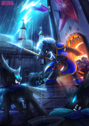 Size: 849x1200 | Tagged: safe, artist:seanica, cloudchaser, flitter, rumble, thunderlane, changeling, pony, action pose, armor, badass, banner, bipedal, castle, fangs, lightning, protecting, rain, scared, spear