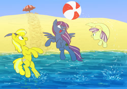 Size: 1208x850 | Tagged: safe, artist:carnifex, oc, oc only, oc:golden egg, oc:morning sun, oc:nightgleam, merpony, beach, beach ball, heterochromia, ocean