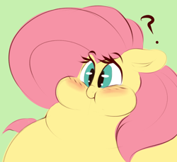 Size: 644x591 | Tagged: safe, artist:graphenescloset, fluttershy, pegasus, pony, blushing, chubby cheeks, fat, fattershy, female, mare, obese, question mark, rolls of fat, solo