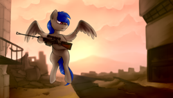 Size: 4000x2250 | Tagged: safe, artist:marsminer, oc, oc only, pegasus, pony, .50 cal, anti-materiel rifle, flying, gun, hooves, male, optical sight, rifle, ruins, sniper rifle, solo, spread wings, stallion, weapon, wings