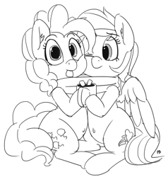Size: 1280x1347 | Tagged: safe, artist:pabbley, pinkie pie, rainbow dash, earth pony, pegasus, pony, belly button, cheek squish, chocolate, clothes, female, food, hot chocolate, lesbian, monochrome, pinkiedash, scarf, shared clothing, shared scarf, shipping, simple background, snuggling, squishy cheeks, tongue out, white background