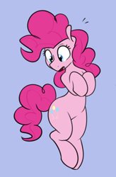 Size: 616x940 | Tagged: safe, artist:whatsapokemon, derpibooru import, pinkie pie, earth pony, pony, bipedal, blue background, cute, diapinkes, female, mare, open mouth, simple background, solo