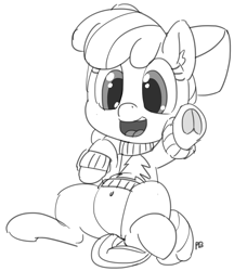 Size: 1280x1482 | Tagged: safe, artist:pabbley, apple bloom, adorabloom, belly button, christmas sweater, clothes, cute, monochrome, open mouth, simple background, sitting, smiling, solo, sweater, underhoof, white background