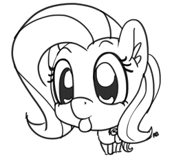 Size: 1280x1165 | Tagged: safe, artist:pabbley, fluttershy, pegasus, pony, chibi, cute, monochrome, simple background, solo, tongue out, white background