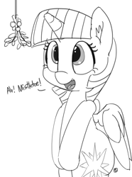 Size: 1280x1716 | Tagged: safe, artist:pabbley, twilight sparkle, twilight sparkle (alicorn), alicorn, pony, bipedal, dialogue, mistletoe, monochrome, open mouth, simple background, solo, white background