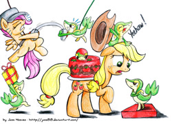 Size: 1024x741 | Tagged: dead source, safe, artist:jcosneverexisted, applejack, scootaloo, earth pony, pony, cake, food, hat, headphones, pokémon, present, snivy