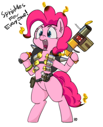 Size: 1280x1568 | Tagged: safe, artist:longren, artist:pabbley, color edit, edit, pinkie pie, pony, bipedal, colored, crossover, cute, dialogue, diapinkes, ear fluff, explosives, grenade launcher, junkrat, overwatch, pinkrat, simple background, solo, yelling