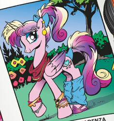 Size: 612x651 | Tagged: safe, derpibooru import, idw, princess cadance, alicorn, pony, neigh anything, spoiler:comic, spoiler:comic11, 80s, bow, female, filly, hair bow, leg warmers, tail bow, teen princess cadance, younger