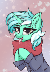 Size: 1400x2000 | Tagged: safe, alternate version, artist:lakunae, derpibooru import, lyra heartstrings, pony, unicorn, clothes, cold, female, hug request, mare, scarf, simple background, solo, tongue out, winter