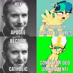 Size: 1564x1564 | Tagged: safe, artist:shinodage, derpibooru import, edit, oc, oc:apogee, pegasus, pony, bishop, catholicism, dank memes, female, filly, hey beter, latin, meme, prayer, religion