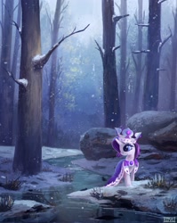 Size: 2300x2888 | Tagged: safe, artist:ajvl, princess platinum, rarity, pony, unicorn, cloak, clothes, crown, female, forest, high res, mare, river, scenery, scenery porn, smiling, snow, snowfall, solo, tree, water