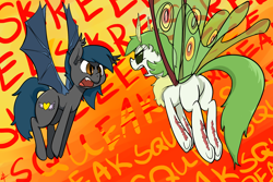 Size: 2400x1600 | Tagged: safe, artist:whydomenhavenipples, oc, oc only, oc:actias, oc:speck, bat pony, mothpony, original species, pony, angry, angry moth noises, chest fluff, eeee, eye contact, fangs, female, fluffy, frown, glare, mare, moth noises, open mouth, plot, screech, skree, spread wings, squeak, underhoof