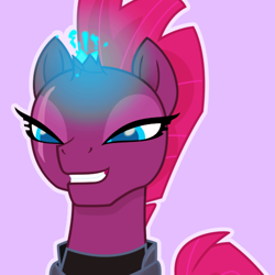 Size: 500x500 | Tagged: safe, artist:reapir, derpibooru import, tempest shadow, pony, unicorn, my little pony: the movie, broken horn, bust, evil grin, eye scar, facial scar, female, horn, lidded eyes, mare, movie accurate, pink background, scar, simple background, solo, sparking horn, white outline