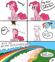 Size: 1588x1784 | Tagged: safe, artist:kristelpokemonfan, derpibooru import, pinkie pie, rainbow dash, earth pony, pegasus, pony, comic, dialogue, female, flour, lesbian, pinkiedash, prank, pun, shipping