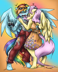 Size: 813x1000 | Tagged: safe, artist:kaemantis, fluttershy, rainbow dash, anthro, pegasus, unguligrade anthro, blushing, clothes, dress, female, fingerless gloves, fist, flutterdash, gloves, heart, hug, lesbian, protecting, shipping, sundress, sunglasses, tanktop, tracksuit, wings, yelling