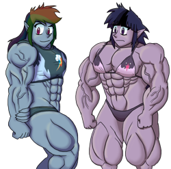 Size: 810x800 | Tagged: safe, artist:advanceddefense, rainbow dash, twilight sparkle, human, bikini, clothes, fetish, humanized, muscle fetish, muscles, overdeveloped muscles, rainbuff dash, spectrum rush, sports bra, swimsuit, twilight muscle, twilight unbound, vein, werelight shine