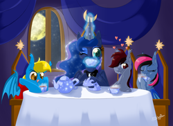 Size: 1000x729 | Tagged: safe, artist:unisoleil, derpibooru import, princess luna, oc, oc:aliax, oc:flying rain, oc:hestern haste, alicorn, bat pony, pony, bat pony oc, cup, ethereal mane, eyes closed, female, glowing horn, horn, magic, mare, starry mane, teacup, teapot, telekinesis