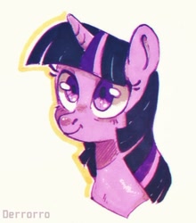 Size: 500x569 | Tagged: safe, artist:derrorro, derpibooru import, twilight sparkle, pony, bust, cute, female, mare, portrait, simple background, smiling, solo, twiabetes, white background