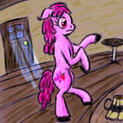 Size: 1280x1280 | Tagged: safe, artist:gallifreyanequine, berry punch, berryshine, pony, balancing, bar, bipedal, wat