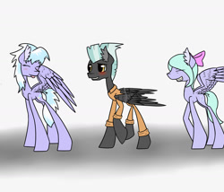 Size: 1400x1200 | Tagged: safe, artist:glazly042, cloudchaser, flitter, thunderlane, pegasus, pony, blushing, chains, clothes, embarrassed, female, laughing, male, mare, prison outfit, prisoner, shipping, simple background, smiling, stallion, straight, thunderchaser