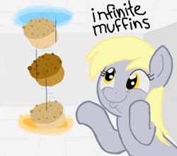 Size: 500x440 | Tagged: safe, artist:shutterflye, derpy hooves, pegasus, pony, cute, dashface, derpabetes, female, food, mare, muffin, now you're thinking with portals, portal, solo