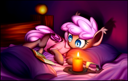 Size: 2587x1649 | Tagged: safe, artist:xn-d, oc, oc only, oc:sirocca, bat pony, pony, bed, book, candle, reading, solo