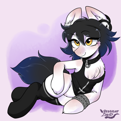 Size: 2080x2080 | Tagged: safe, artist:kei kun, artist:opossum_imoto, derpibooru import, oc, oc only, oc:sindra, earth pony, pony, chest fluff, collar, ear fluff, ears, female, mare, raised eyebrow, smirk, socks, solo, spiked collar, thigh highs