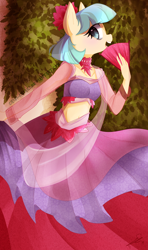 Size: 600x1011 | Tagged: safe, artist:chokico, coco pommel, anthro, earth pony, abstract background, belly button, belly dancer, choker, clothes, cocobetes, cute, fan, female, looking at you, midriff, open mouth, skirt, smiling, solo
