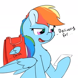 Size: 1889x1889 | Tagged: safe, artist:jubyskylines, derpibooru import, rainbow dash, pegasus, pony, bag, delivery, delivery pony, dialogue, female, mare, note, reading, simple background, solo, text, white background