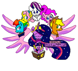 Size: 1016x936 | Tagged: safe, alternate version, artist:sugar morning, derpibooru import, editor:cocoa bittersweet, applejack, fluttershy, pinkie pie, princess twilight 2.0, rainbow dash, rarity, twilight sparkle, twilight sparkle (alicorn), unicorn twilight, alicorn, earth pony, pegasus, pony, unicorn, the last problem, big crown thingy 2.0, bonnet, book, bust, crying, cute, end of ponies, ethereal mane, female, glare, lidded eyes, mane six, manepxls, mare, mlp fim's ninth anniversary, older, older applejack, older fluttershy, older mane six, older pinkie pie, older rainbow dash, older rarity, older twilight, pixel art, portrait, pxls.space, simple background, smiling, smirk, spread wings, starry mane, stars, transparent background, wings, younger