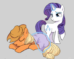 Size: 1000x795 | Tagged: safe, artist:yuniuni11, derpibooru import, applejack, rarity, earth pony, pony, unicorn, applejack's hat, blanket, cowboy hat, female, freckles, gray background, hat, lesbian, lidded eyes, magic, mare, rarijack, shipping, simple background, sleeping, smiling, telekinesis